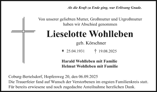 Traueranzeige von Lieselotte Wohlleben von Neue Presse Coburg