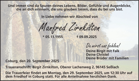 Traueranzeige von Manfred Zirnkilton von Neue Presse Coburg