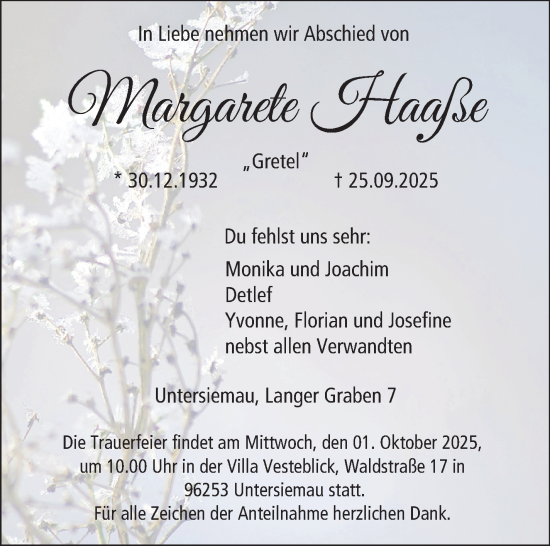 Traueranzeige von Margarete Haaße von Neue Presse Coburg