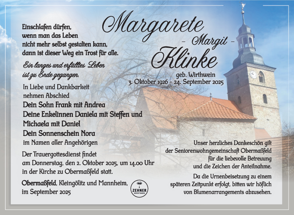  Traueranzeige für Margarete Klinke vom 27.09.2025 aus Südthüringer Presse