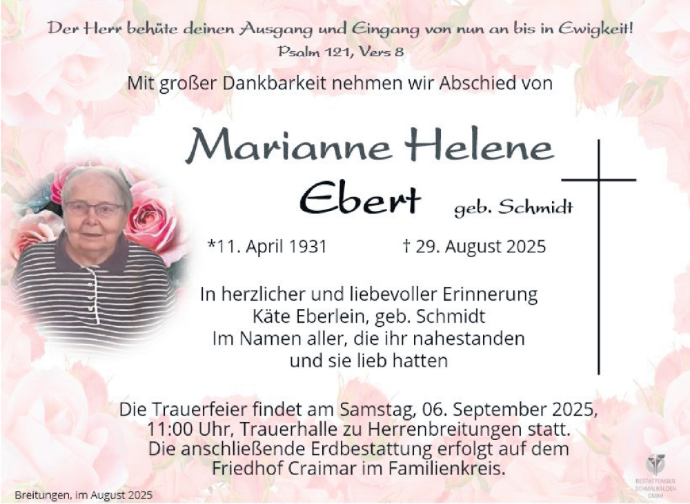  Traueranzeige für Marianne Helene Ebert vom 03.09.2025 aus Südthüringer Presse