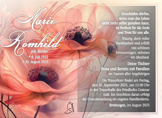Traueranzeige von Marie Römhild von Südthüringer Presse