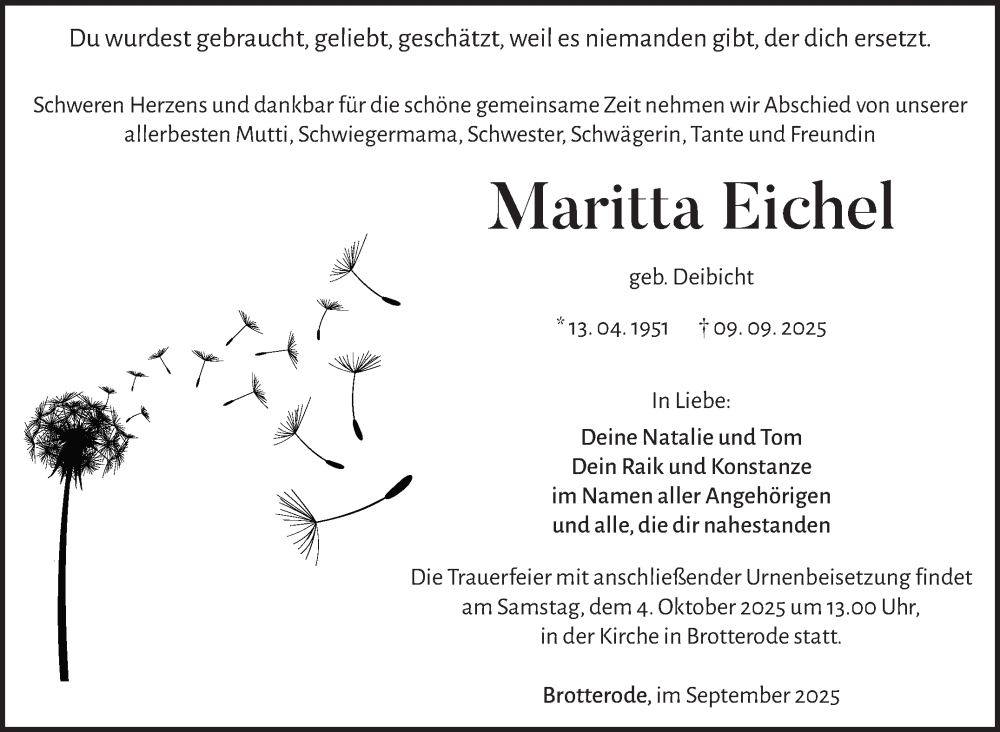  Traueranzeige für Maritta Eichel vom 19.09.2025 aus Südthüringer Presse