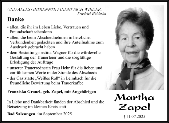 Traueranzeige von Martha Zapel von Südthüringer Presse