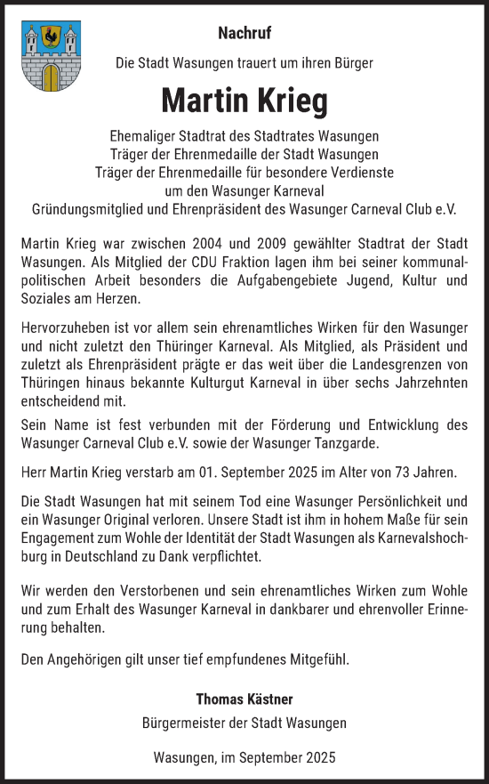 Traueranzeige von Martin Krieg von Südthüringer Presse