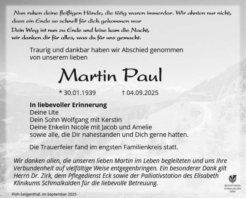  Traueranzeige für Martin Paul vom 19.09.2025 aus Südthüringer Presse
