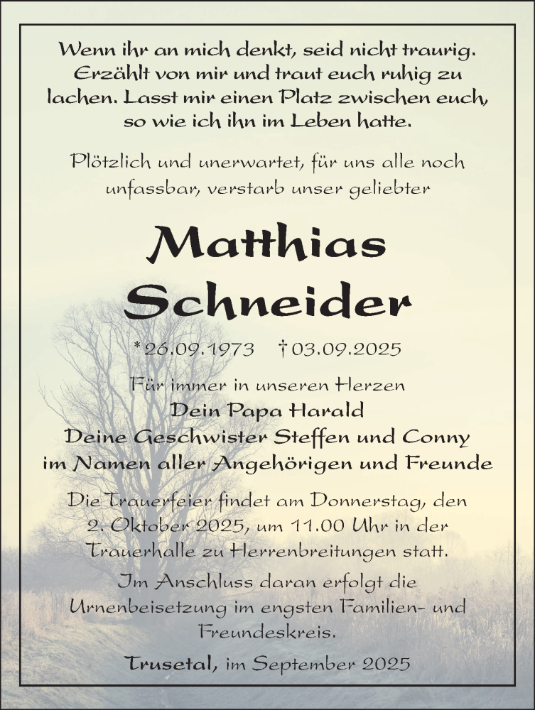  Traueranzeige für Matthias Schneider vom 27.09.2025 aus Südthüringer Presse
