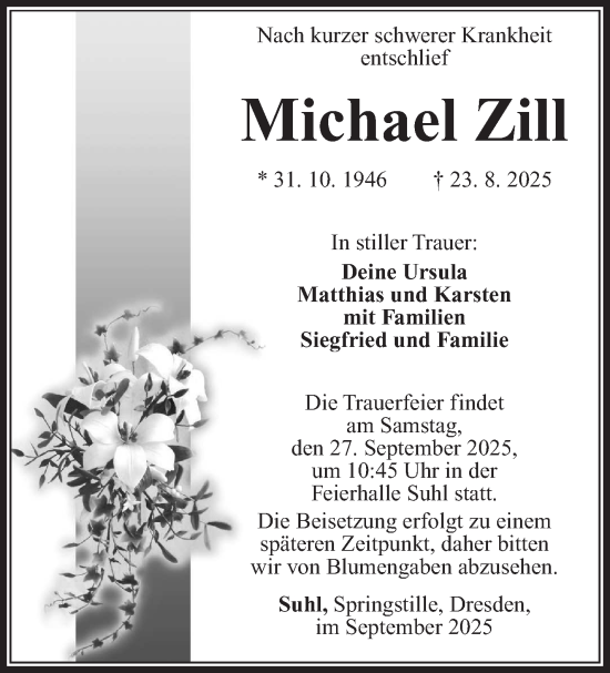 Traueranzeige von Michael Zill von Südthüringer Presse