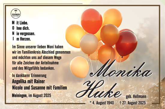Traueranzeige von Monika Huke von Südthüringer Presse
