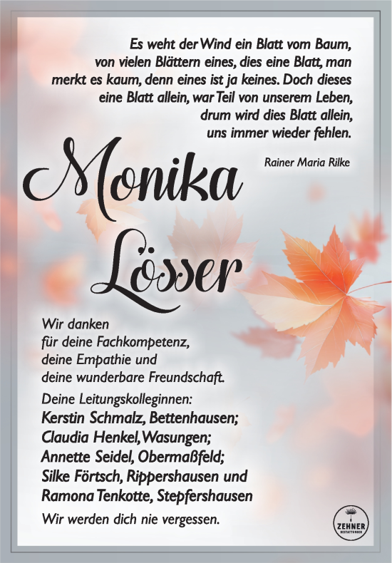 Traueranzeige von Monika Lösser von Südthüringer Presse
