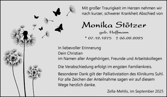 Traueranzeige von Monika Stötzer von Südthüringer Presse