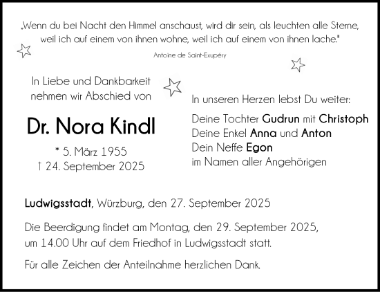 Traueranzeige von Nora Kindl von Neue Presse Coburg