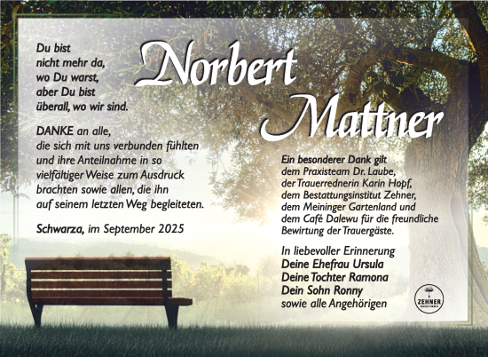 Traueranzeige von Norbert Mattner von Südthüringer Presse