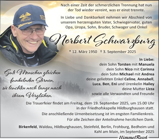 Traueranzeige von Norbert Schwarzburg von Südthüringer Presse