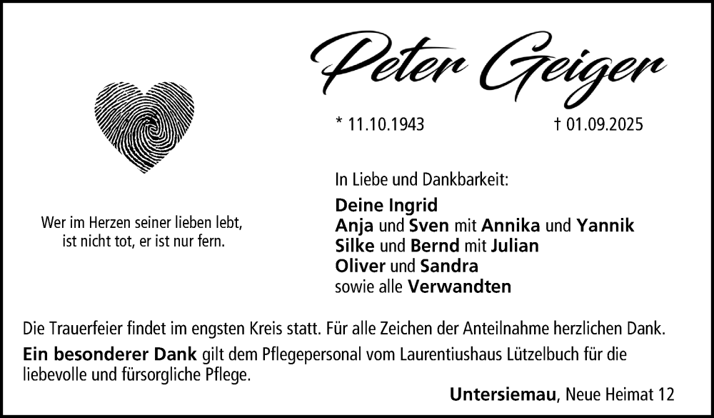  Traueranzeige für Peter Geiger vom 06.09.2025 aus Neue Presse Coburg