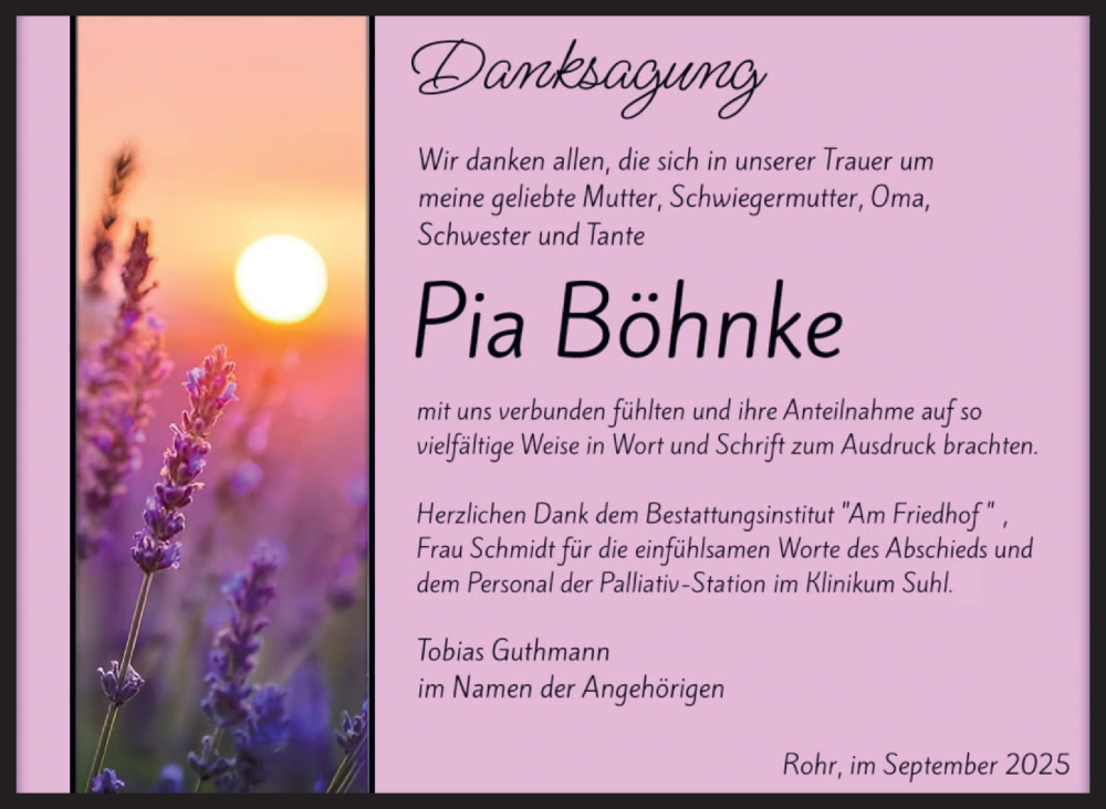  Traueranzeige für Pia Böhnke vom 06.09.2025 aus Südthüringer Presse