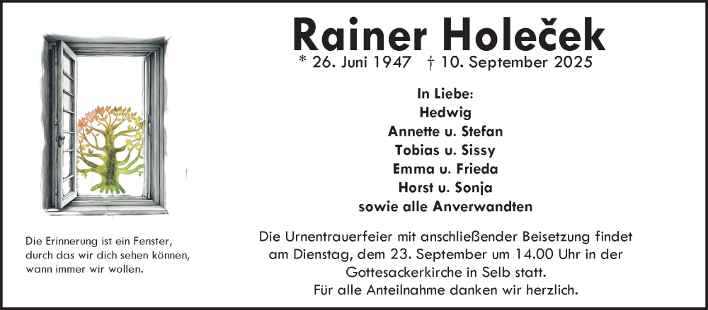  Traueranzeige für Rainer Holeček vom 20.09.2025 aus Frankenpost