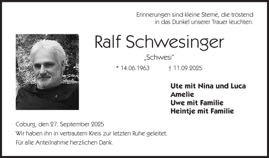 Traueranzeige von Ralf Schwesinger von Neue Presse Coburg