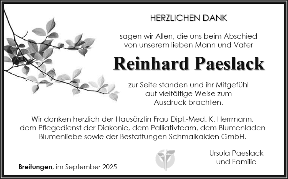  Traueranzeige für Reinhard Paeslack vom 05.09.2025 aus Südthüringer Presse