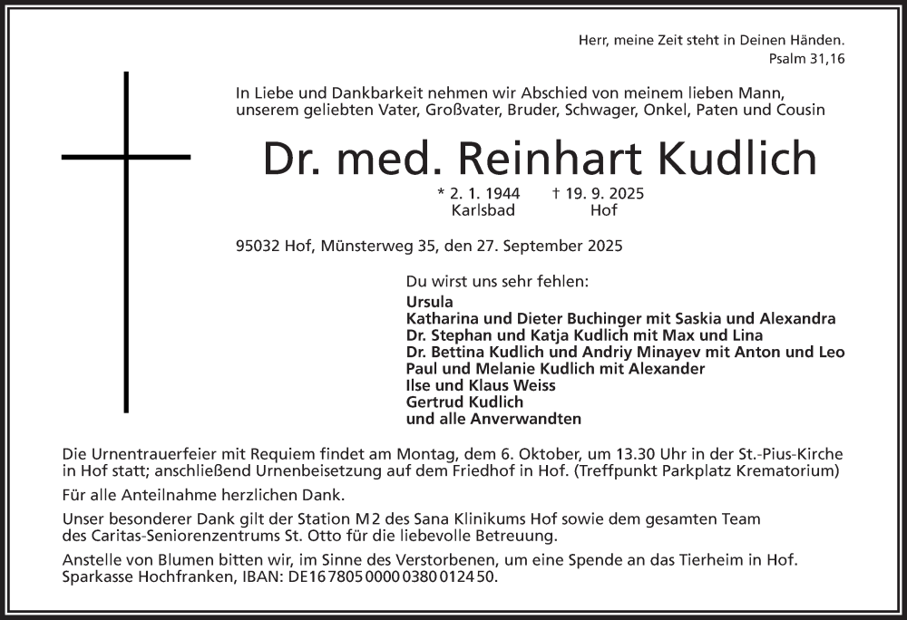  Traueranzeige für Reinhart Kudlich vom 27.09.2025 aus Frankenpost