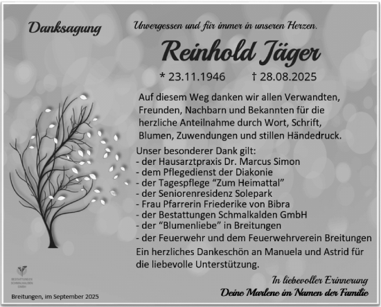 Traueranzeige von Reinhold Jäger von Südthüringer Presse