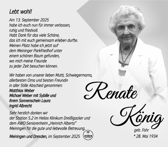 Traueranzeige von Renate König von Südthüringer Presse