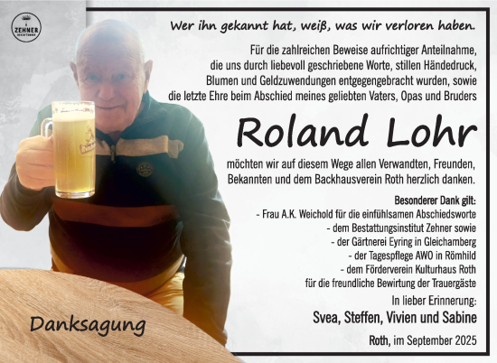 Traueranzeige von Roland Lohr von Südthüringer Presse