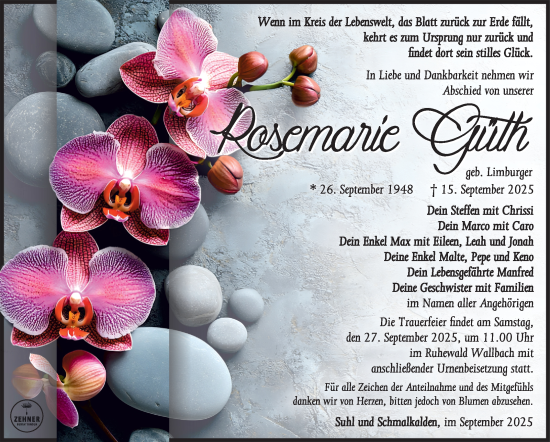 Traueranzeige von Rosemarie Güth von Südthüringer Presse