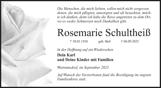 Traueranzeige von Rosemarie Schultheiß von Neue Presse Coburg