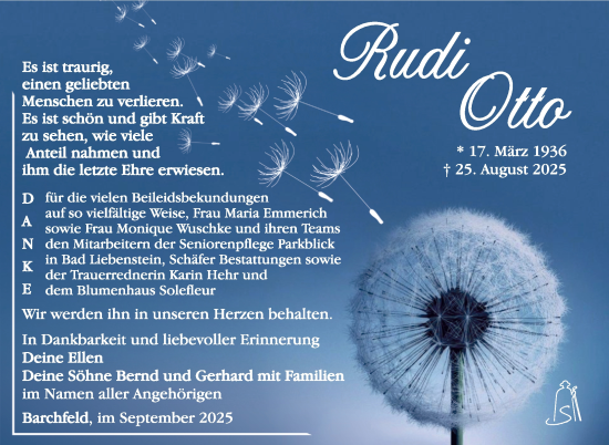 Traueranzeige von Rudi Otto von Südthüringer Presse