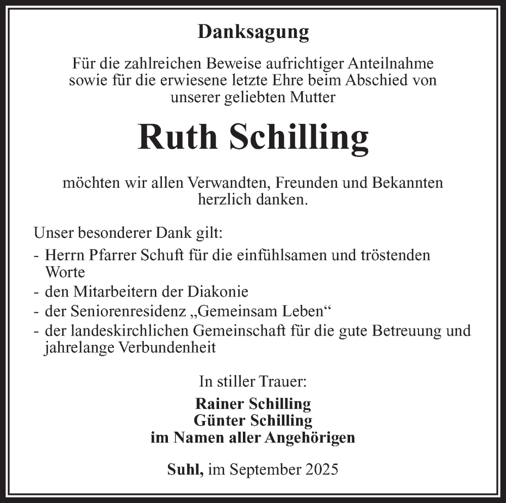  Traueranzeige für Ruth Schilling vom 19.09.2025 aus Südthüringer Presse