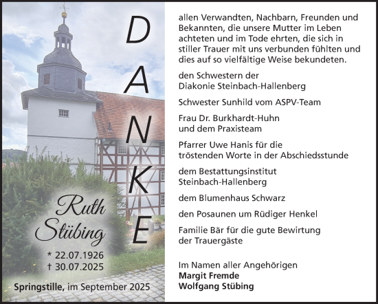 Traueranzeige von Ruth Stübing von Südthüringer Presse