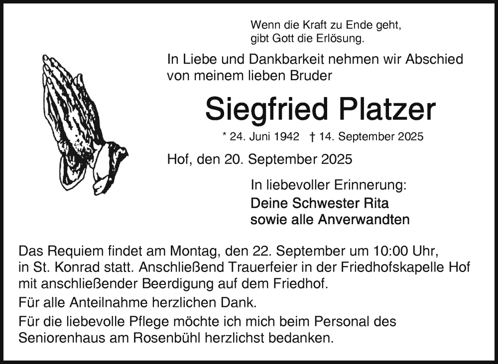  Traueranzeige für Siegfried Platzer vom 20.09.2025 aus Frankenpost