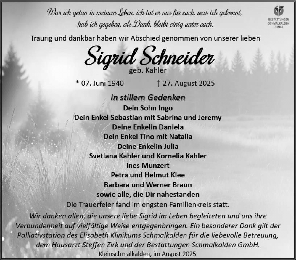  Traueranzeige für Sigrid Schneider vom 19.09.2025 aus Südthüringer Presse