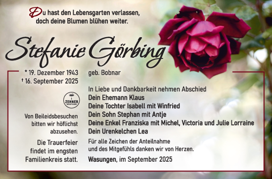 Traueranzeige von Stefanie Görbing von Südthüringer Presse