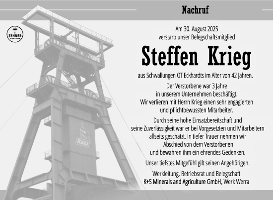 Traueranzeige von Steffen Krieg von Südthüringer Presse