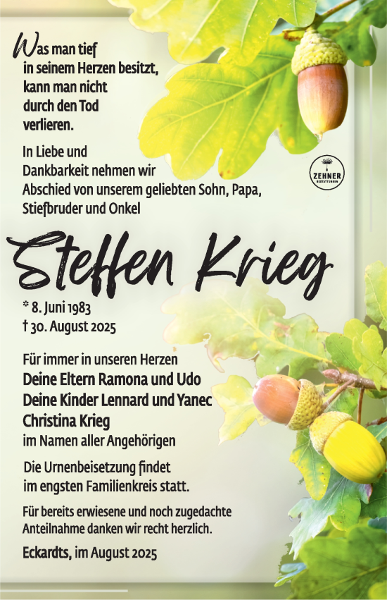 Traueranzeige von Steffen Krieg von Südthüringer Presse