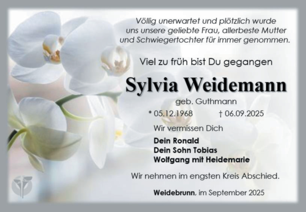  Traueranzeige für Sylvia Weidemann vom 19.09.2025 aus Südthüringer Presse