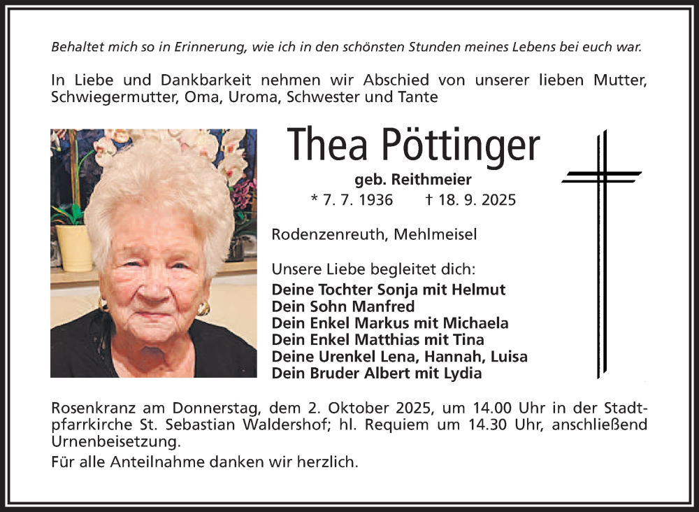  Traueranzeige für Thea Pöttinger vom 27.09.2025 aus Frankenpost