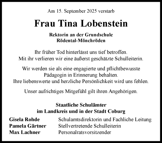 Traueranzeige von Tina Lobenstein von Neue Presse Coburg