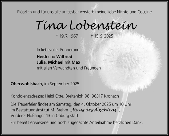 Traueranzeige von Tina Lobenstein von Neue Presse Coburg