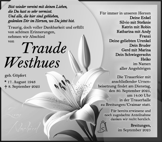 Traueranzeige von Traude Westhues von Südthüringer Presse