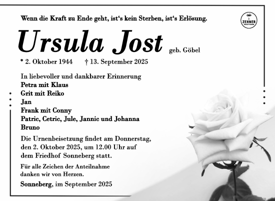 Traueranzeige von Ursula Jost von Südthüringer Presse