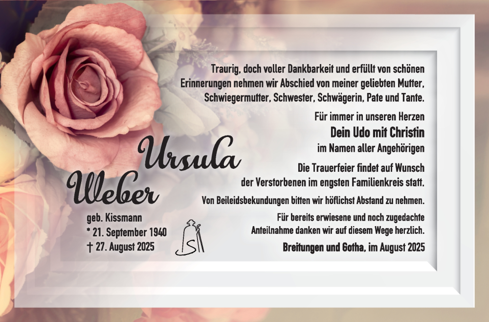  Traueranzeige für Ursula Weber vom 05.09.2025 aus Südthüringer Presse