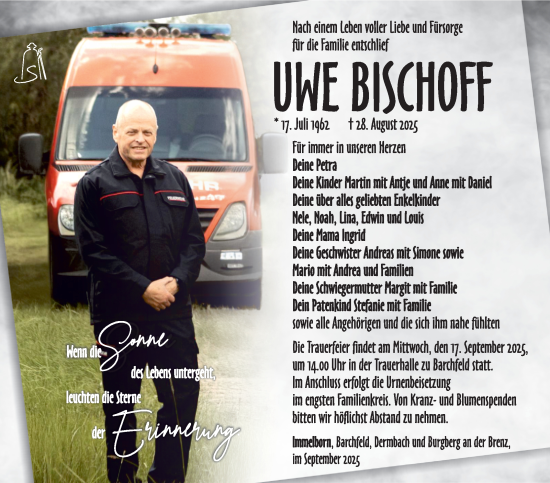 Traueranzeige von Uwe Bischoff von Südthüringer Presse