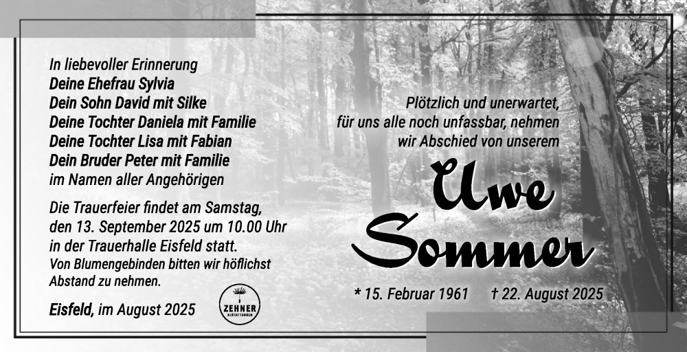  Traueranzeige für Uwe Sommer vom 06.09.2025 aus Südthüringer Presse