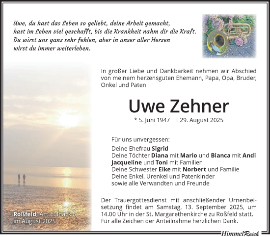 Traueranzeige von Uwe Zehner von Südthüringer Presse