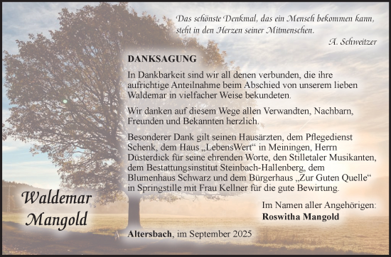 Traueranzeige von Waldemar Mangold von Südthüringer Presse