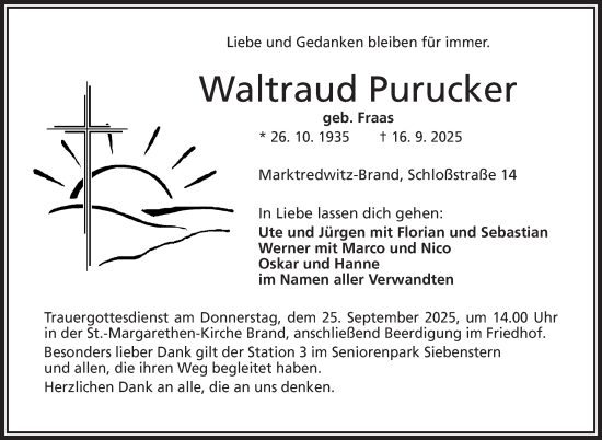 Traueranzeige von Waltraud Purucker von Frankenpost