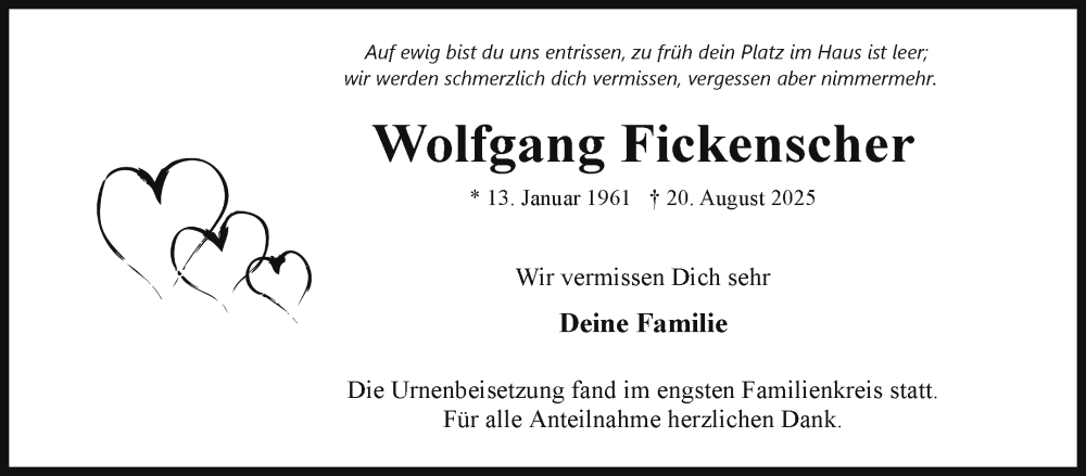  Traueranzeige für Wolfgang Fickenscher vom 06.09.2025 aus Frankenpost